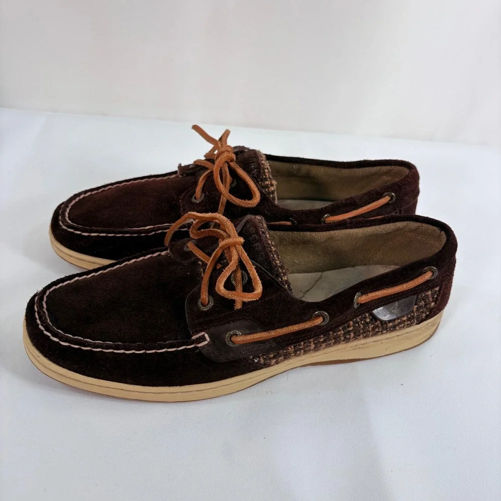Sperry Top-Sider Boat Shoes Brown Suede Woven Houndstooth Mens 10 M